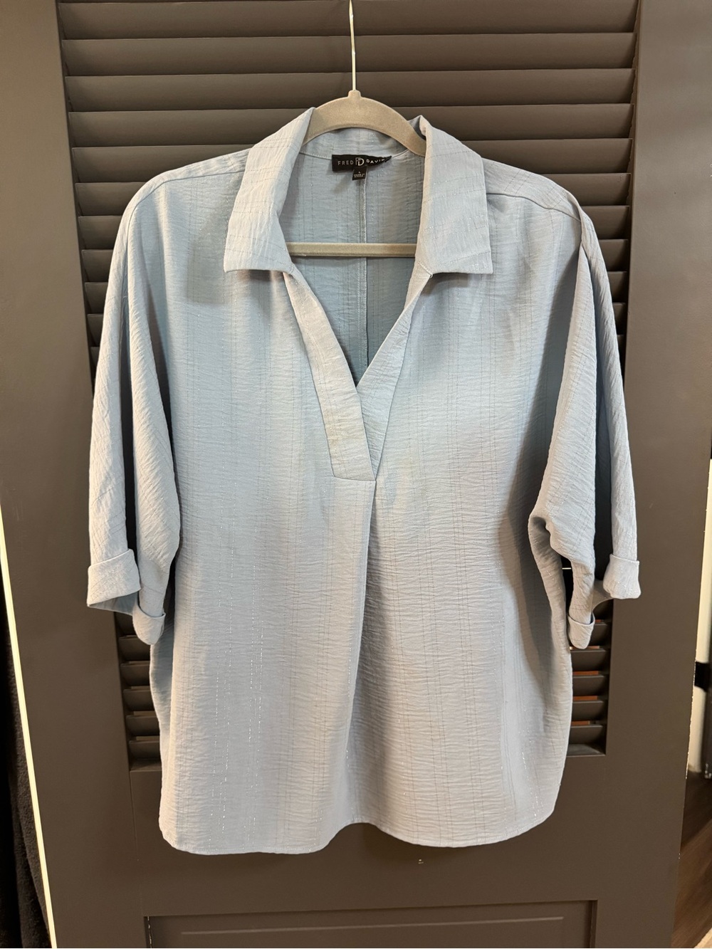 Fred David Light Blue Textured V-Neck Collared Blouse with Silver Stripe Detail